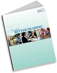 A booklet titled Your Guide to Better Hearing with small images of people in different hearing-related situations on the cover. The booklet is slightly tilted on a white background.
